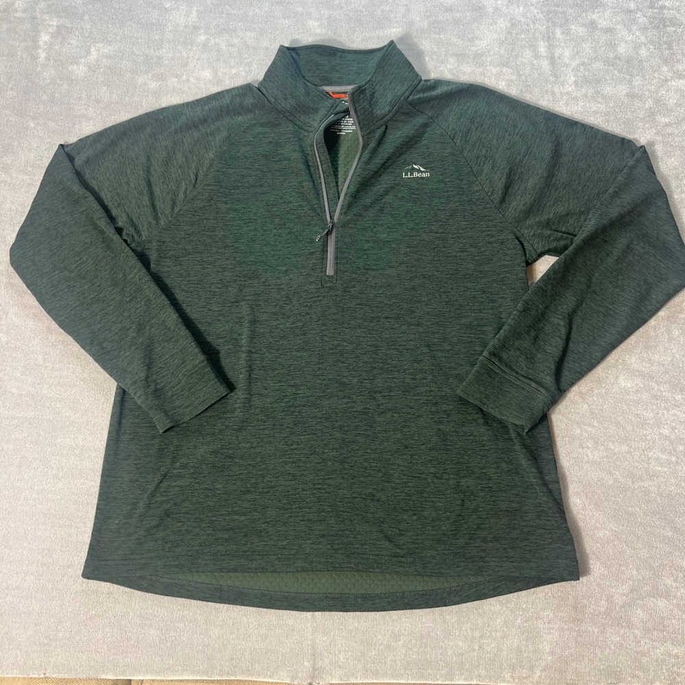 LL Bean Mens Adventure Fleece Quarter Zip Pullover Green‎ Heather Large Stretch